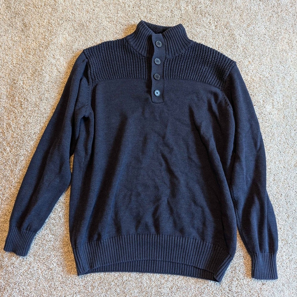 Tricots St Raphael Sweater Mens Medium Navy Blue Mock Neck Button